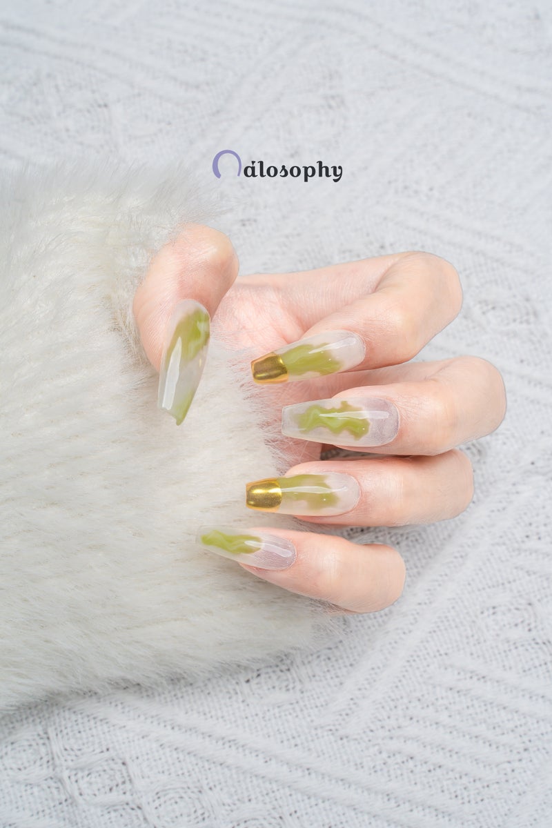 Nailosophy Handmade Gel Press-on Nails Abstract Matcha Swirl & Gold Chrome | Coffin Shape - Image 3